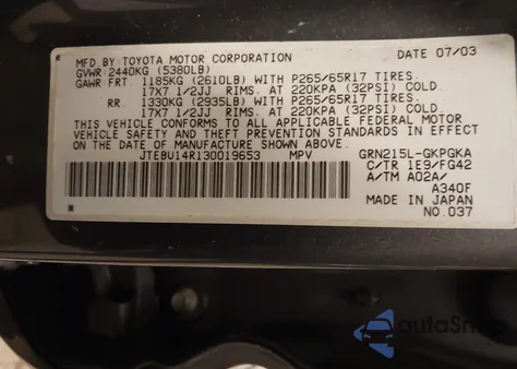 2003 Toyota 4Runner Sr5 V6 from USA, damaged, VIN JTEBU14R130019653